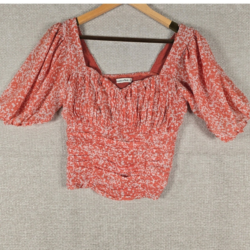 Abercrombie & Fitch Coral Floral Smocked Puff Sleeve Top Sz M Square Neck Ruched